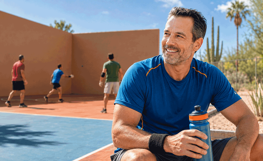 Active 45-year-old man taking a break from handball while friends play behind him for a Barnet Dulaney Perkins Eye Center common eye diseases article.