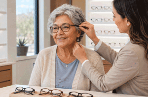 Senior woman receives a new glasses fitting for Barnet Dulaney Perkins Eye Center’s guide, “Does Medicare Cover Laser Cataract Surgery?”