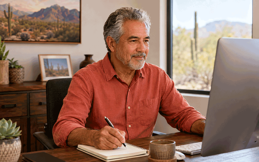 Older Phoenix man takes notes while reading Barnet Dulaney Perkins Eye Center’s step-by-step guide, “Does Medicare Cover Laser Cataract Surgery?”