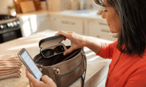 Woman packing sunglasses while checking her phone, illustrating appointment preparation for Barnet Dulaney Perkins Eye Center’s retinal imaging vs dilation guide.