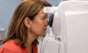 Woman positioned at an OCT machine, illustrating retinal imaging for Barnet Dulaney Perkins Eye Center’s retinal imaging vs dilation guide.