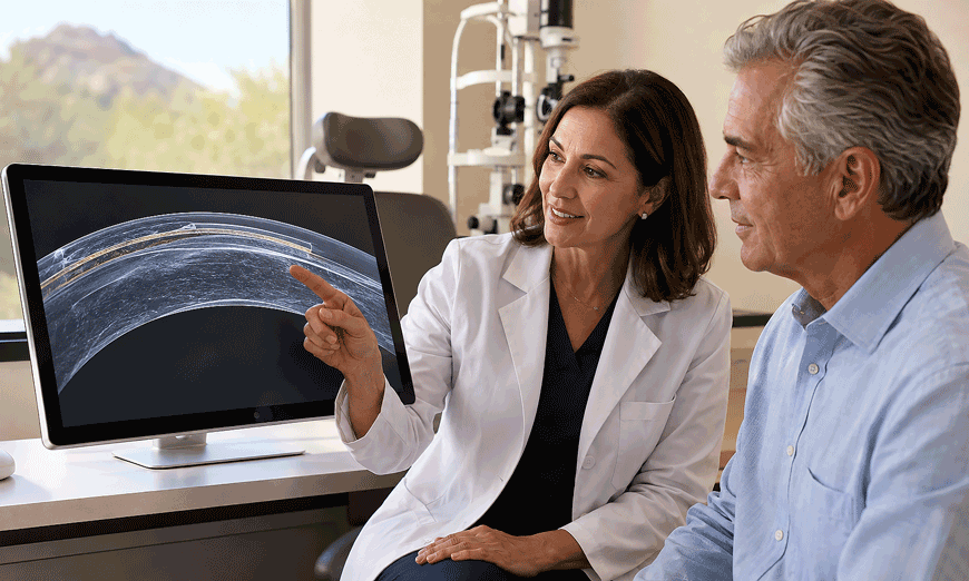 A Barnet Dulaney Perkins Eye Center cornea specialist shows a patient which corneal layers may be preserved during partial-thickness corneal transplant surgery.