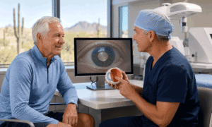 Barnet Dulaney Perkins Eye Center surgeon explains femtosecond laser technology to an older patient asking, “Does Medicare cover laser cataract surgery?