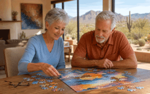 Barnet Dulaney Perkins Eye Center senior couple completes a puzzle while considering lifestyle goals and asking, “Does Medicare cover laser cataract surgery?