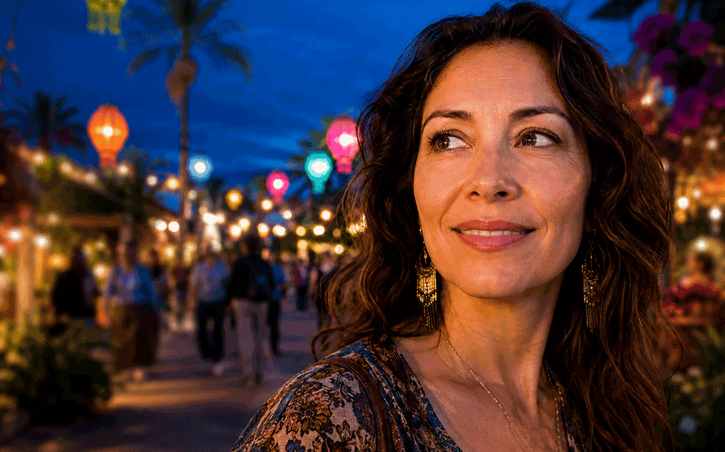 A woman enjoys an illuminated Arizona desert art festival, illustrating peripheral vision changes associated with retinitis pigmentosa for Barnet Dulaney Perkins Eye Center.