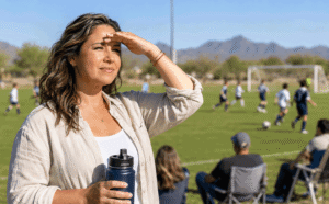 A mother shields her eyes from bright sunlight at her child’s soccer game, illustrating light sensitivity from retinitis pigmentosa for Barnet Dulaney Perkins Eye Center.