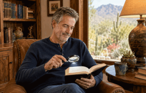 A man uses an illuminated magnifying glass to read comfortably, illustrating low-vision support for retinitis pigmentosa at Barnet Dulaney Perkins Eye Center.