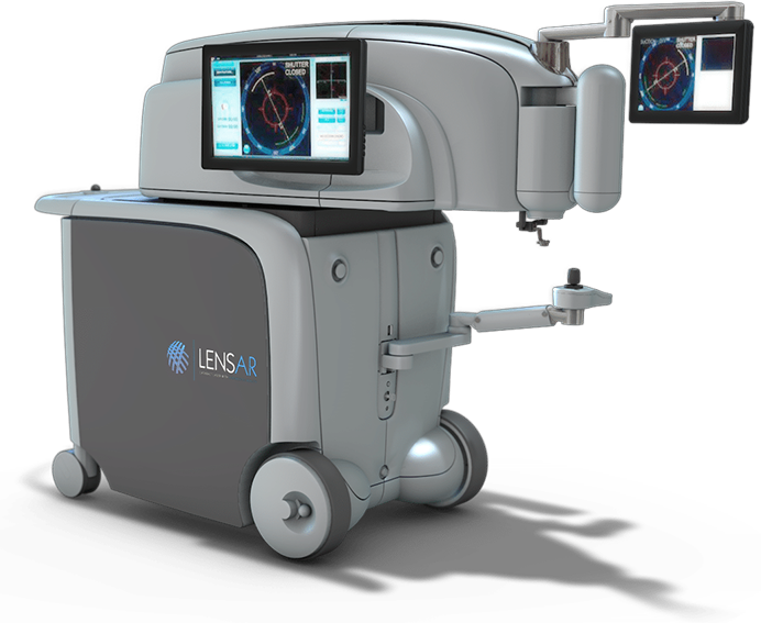 Modern ophthalmic laser equipment in a clean procedure room, illustrating the technology often associated with basic vs laser cataract surgery, with no patients shown and a focus on the advanced LENSAR system.