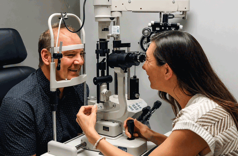 Dr. Christine Funke with a patient at Barnet Dulaney Perkins Eye Center, illustrating the patient-centered approach to interventional glaucoma care.