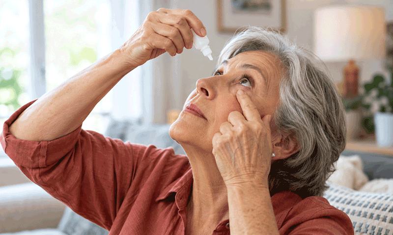 Older adult applying eye drops at home, illustrating daily glaucoma treatment in Barnet Dulaney Perkins Eye Center’s article on interventional glaucoma care.
