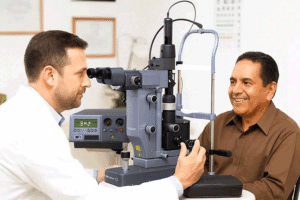 Doctor and patient beside an SLT laser system, illustrating laser treatment as part of interventional glaucoma care at Barnet Dulaney Perkins Eye Center.