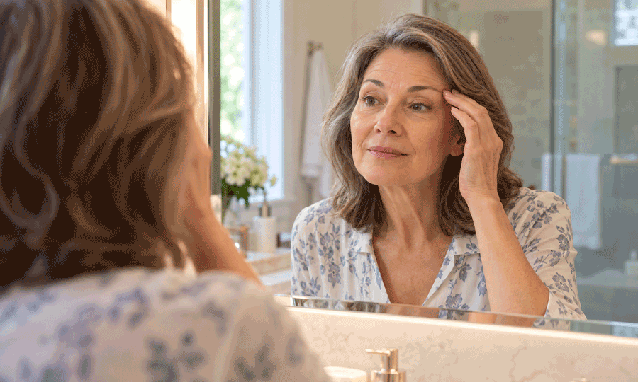 How to fix ptosis: older woman gently touching her upper eyelid while examining her reflection in a bathroom mirror.