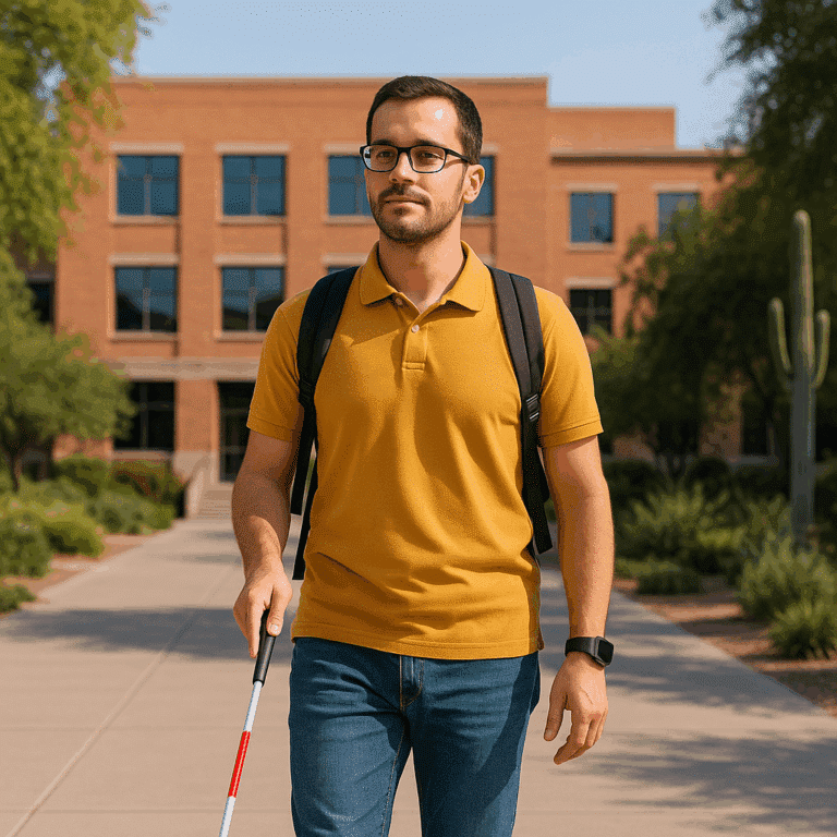 isually impaired college student walking confidently across campus with a backpack and white cane, surrounded by greenery and academic buildings in the background.