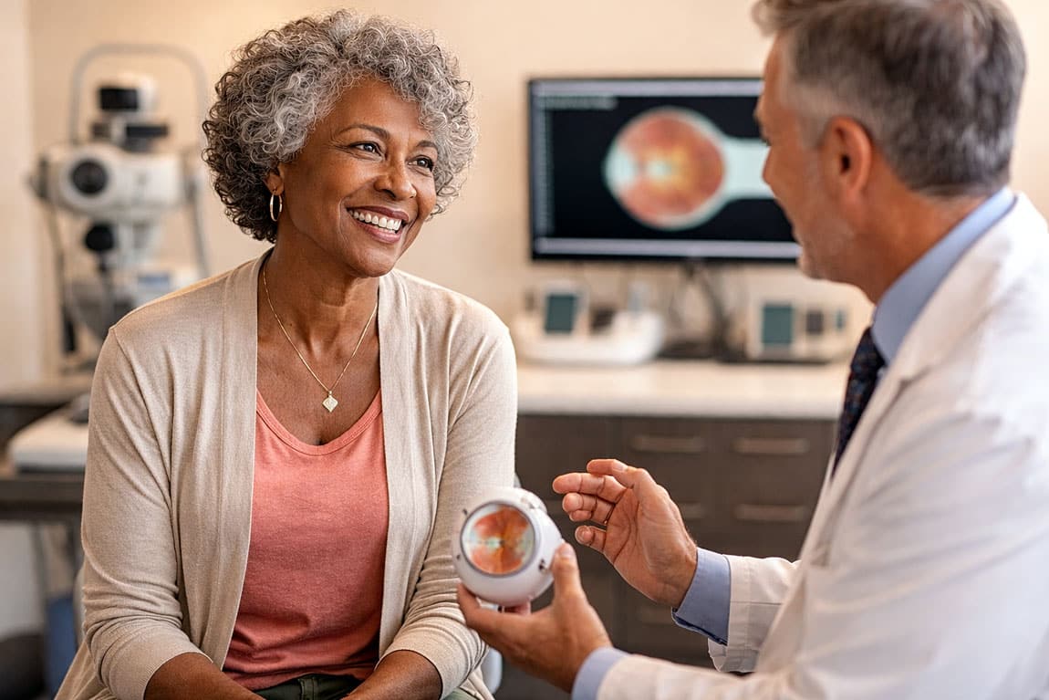 Senior woman having a vitrectomy consultaion for her macular hole with her doctor at Barnet Dulaney Perkins in Phoenix, Arizona.