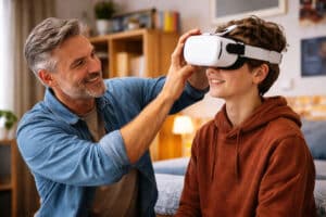 Father helping his teenage son fit a VR headset properly to reduce eye strain from wearable tech devices at Barnet Dulaney Perkins Eye Center