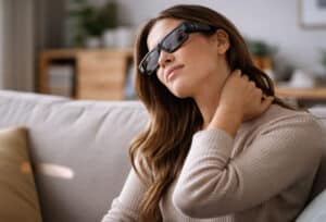 Young woman wearing smart glasses and rubbing her neck, showing discomfort from wearable tech devices while sitting at home