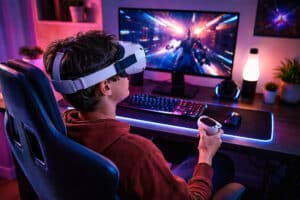 Teen boy using a VR headset and controllers in his bedroom, Barnet Dulaney Perkins Eye Center