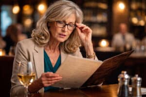 when should I get cataract surgery, senior woman struggling to read a restaurant menu, Barnet Dulaney Perkins Eye Center