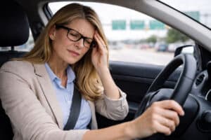 Woman suffereing from a headache while driving because of squinting with glasses too much - Barnet Dulaney Perkins